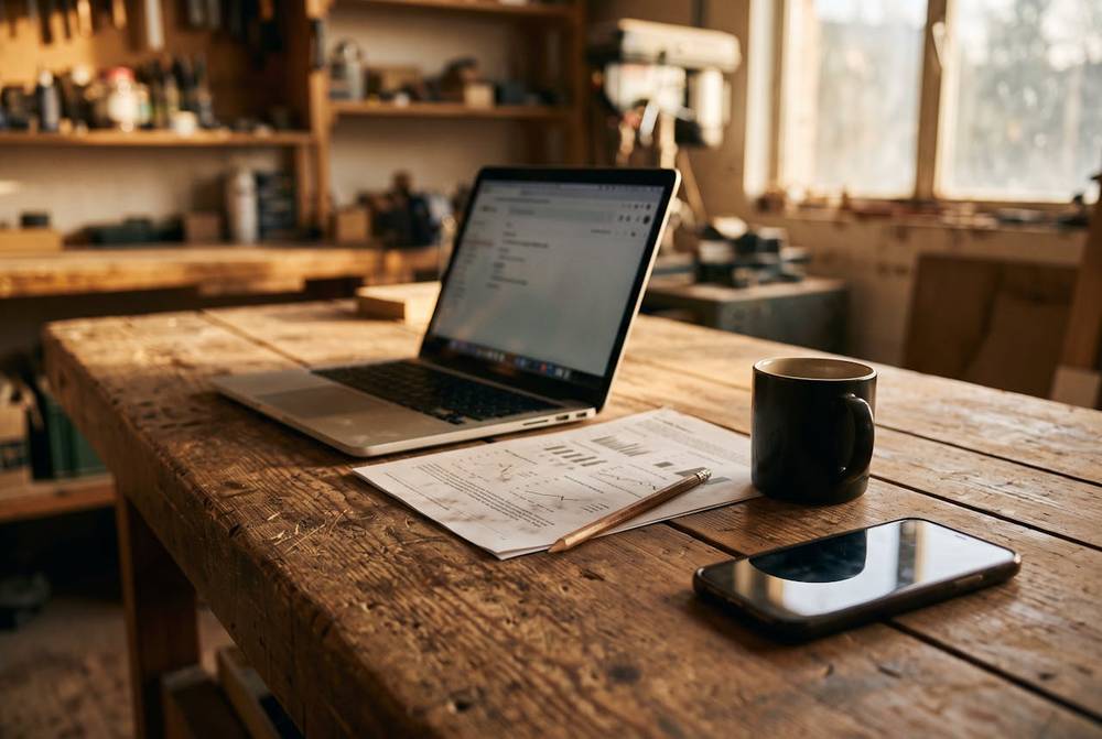 A workbench with an open laptop, a printed page of charts and a mug in late afternoon light.